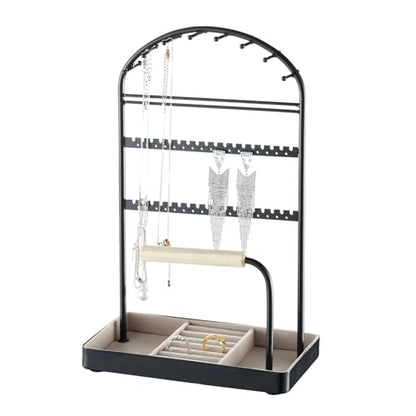 Saydear Multi-Functional Jewelry Holder Organizer Necklace Display Stand Velvet Lined Bar for Rings 2 Tier with 18 Hooks, 32 Earring Holes - Sturdy and Durable, Easy Organization Black - color: Black V1.0