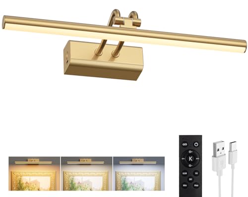 Battery Operated Picture Light for Wall, 4000mAh Cordless Wall Lamp for Painting Photo Artwork , Remote Control, Magnetic for Easy to Charge,Timers, 13.8'' Display for Gallery Living Room Bedroom Gold - color: Gold, size: 13.8Inch
