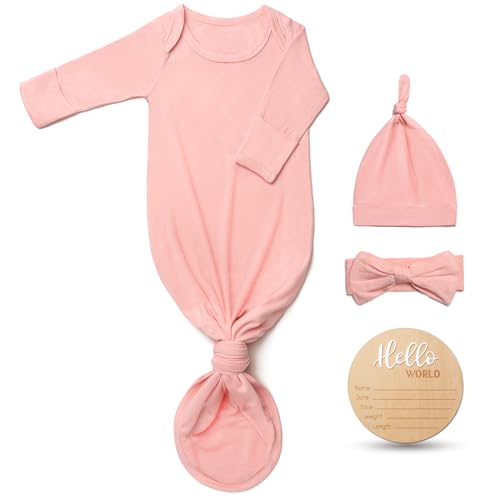 Hello World Newborn Outfit Knotted Gown 0-3 Months, Baby Girl Boy Coming Home Sleeper with Sign - color: Pink, size: Newborn