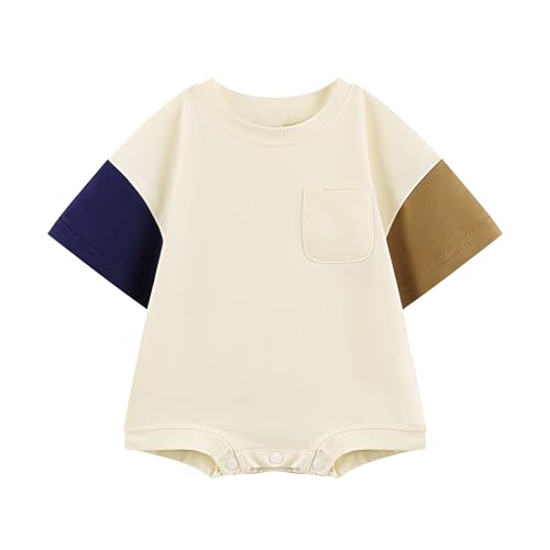 Bafeicao Baby Boy Girl Bubble Romper Color Block Short Sleeve T Shirt Newborn Summer Bodysuit - color: Blue With Pocket, size: 0-3 Months