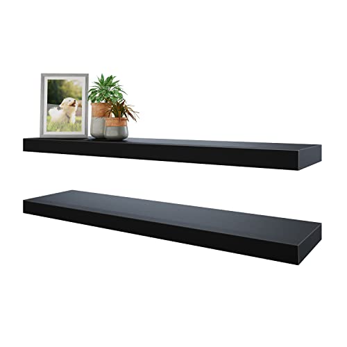 BAMEOS Floating Shelves, 35 Wx7 D Black Wall Mounted Wooden Shelves with Invisible Brackets Set of 2, Hanging Wall Shelves Decoration for Bedroom and Kitchen - color: Black, size: 35x7 2Pcs
