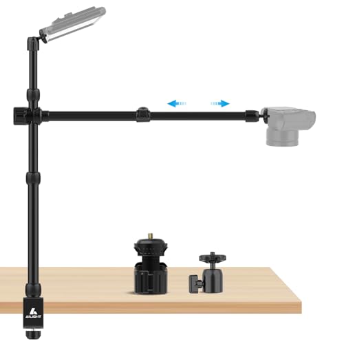 Ailight Overhead Camera Mount Desk Stand, 15.75"-33.45" Webcam Mount with 2-Section Adjustable Telescopic Boom Arm, C Clamp/Swiveling Ball Head for DSLR Camera, Ring Light, Webcam