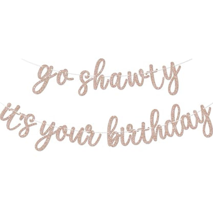 Go Shawty It's Your Birthday Banner, Hip Hop Birthday Party Decorations Supplies, Rap Theme Bday Bunting Sign, Pre-strung, Photo Props (Rose Gold) - color: Rose Gold