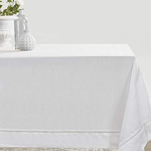 Simple&Opulence Premium 100% Linen Hemstitch Tablecloth-60 x 120 Inch White, Natural Fabric, Rectangular Tablecloth for Indoor and Outdoor Use - color: White, size: 60" x 120" (Rectangular)