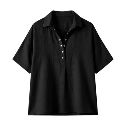 Cotton Linen Shirts for Women 2026 Summer Gauze Shirts Button Down V Neck Half Sleeve Blouses Dressy Casual Clothes - color: Black, size: X-Large