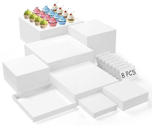 SUNEZLGO 8PCS Buffet Risers, Acrylic Large Food Risers with Mini Signs, Buffet Table Acrylic Cube Display Stands Box Risers for Party Catering Dessert Jewelry Nesting Risers with Hollow Bottom White - color: White