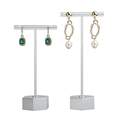 Metal 2pcs Earring T Stand Silver Retail Display Holder for Show, White T Bar Jewelry for Online Store Photography 【Silver-Hexagon Base 2pcs Height 4.5" and 5.3"】 - color: C1/Silver Hexagon Base 2pcs Height 4.5" and 5.3"