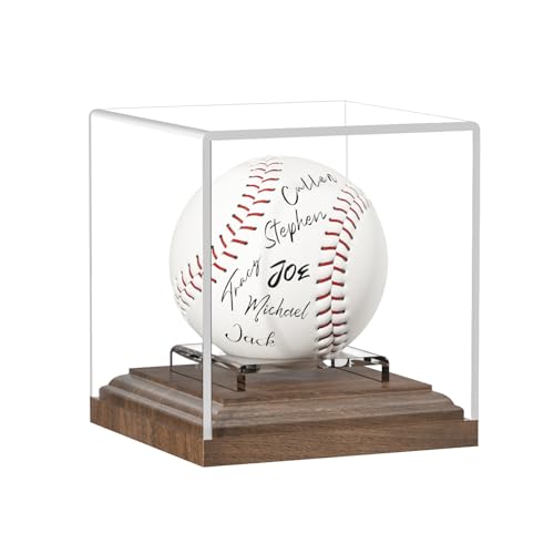 Baseball Display Case for Balls Walnut Wood Base Acrylic Baseball Holder Display Case Uv Protection Baseball Cube Box Stand Memorabilia Autograph Ball, Ideal Gift for Official Size Ball Display