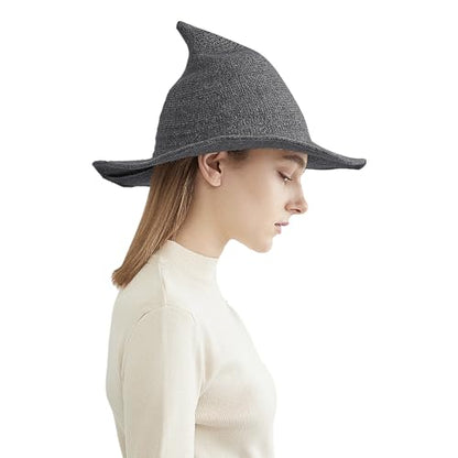 Halloween Witch Hat for Women Wide Brim Foldable Wizard Hat Wool Knit Pointed Cap Cosplay Costume Accessory - color: Dark Grey