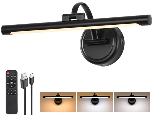 Tassuowell Rechargeable Picture Light for Wall, Cordless Art Lights Battery Operated, Dimmable Wall Light with Remote & Timer, 3 Color Modes for Paintings, Gallery, Artwork(Black, 15.7inch) - color: Black, size: 15.7inch