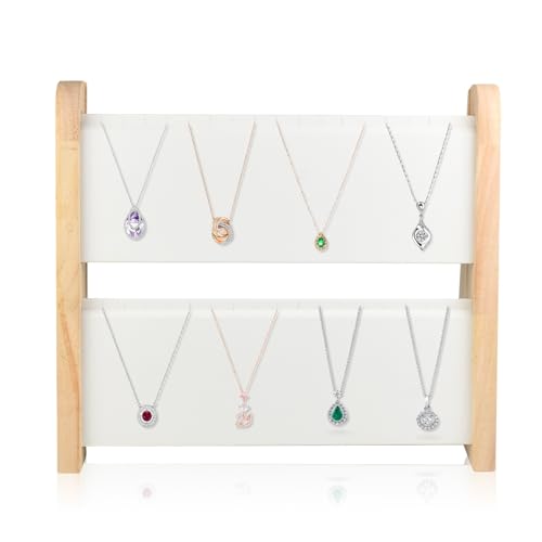 10.2'' x 10.7'' x 12.2'' Double-Deck Folding Wood Necklace Display Stand with Leather Mat Tabletop Jewelry Stand Storage (White) - color: White