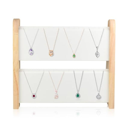 10.2'' x 10.7'' x 12.2'' Double-Deck Folding Wood Necklace Display Stand with Leather Mat Tabletop Jewelry Stand Storage (White) - color: White