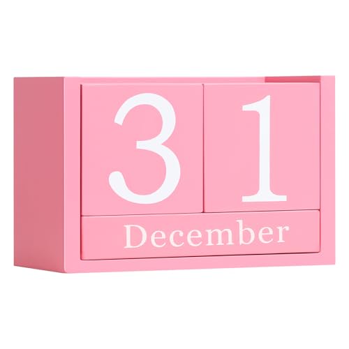 Wooden Block Calendar for Desk, Large Size Daily Desktop Perpetual Desk Calendar, Cute Date Display Desk Accessories for Home Office Decor, Teacher, Classroom, Reusable Yearly, Pink - color: Pink, size: Large Size
