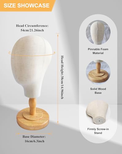 CHADWICK Canvas Wig Head Stand with Detachable Wood Stand - Great for Hats, Caps Display and Wig Making, 21Inch Mannequin Head Block, Dome Model Head, Helmet Jewelry Glasses Headband Display, Beige