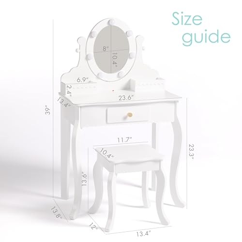 Spirich Kids Vanity, Girls Vanity Set with Mirror and Stool and Lights, Kids Vanity Table and Chair Set,Wooden Princess Makeup Desk Dressing Table - size: Round Shape With Led Blubs