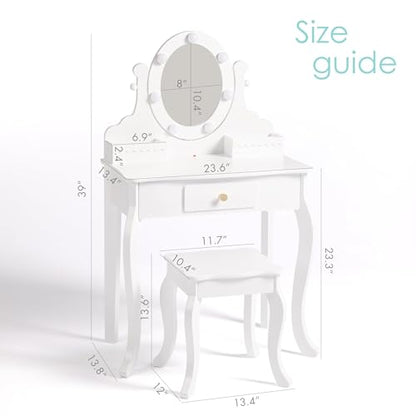 Spirich Kids Vanity, Girls Vanity Set with Mirror and Stool and Lights, Kids Vanity Table and Chair Set,Wooden Princess Makeup Desk Dressing Table - size: Round Shape With Led Blubs