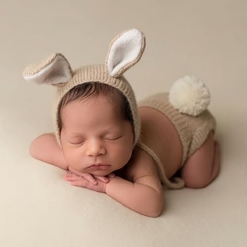 ForBaysy Newborn Photography Props Boy Girl Crochet Bunny Costume Set Baby Photo Shoot Outfits with Rabbit Ear Hat - color: Latte Bunny Set