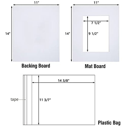 Acid Free 5 Pack 11x14 Pre-Cut Mat Board Show Kit for 8x10 Photos, Prints or Artworks, 5 Core Bevel Cut Matts and 5 Backing Boards and 5 Crystal Plastic Bags, White - size: 11x14-5 Pack