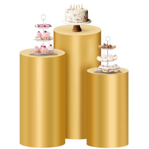 Socomi Cylinder Pedestal Stand Covers Spandex Flexible Display Box Stand Covers for Birthday Party Wedding Baby Shower Decoration- Only Stand Covers Included Set of 3 Gold - color: Gold, size: Set of 3