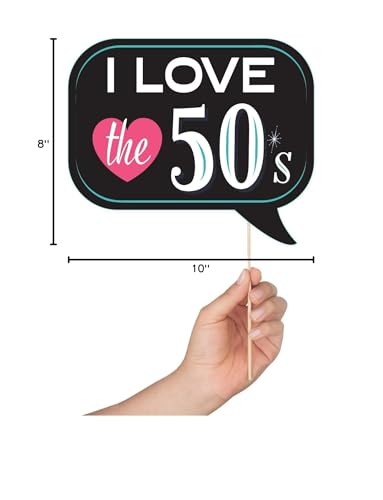 50s Photo Booth Props - 41-pc Photo Booth Kit with 8 x 10-Inch Sign, 60 Adhesive Pads, 45 Sticks - Sock Hop Party Decorations - Fifties Theme Photo Booth Props