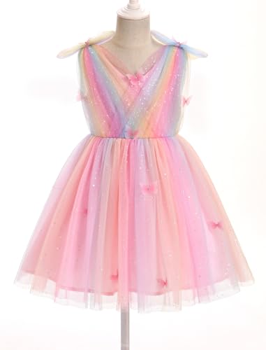 IMEKIS Toddler Kids Girls Butterfly Dress Sparkle Sequins Tulle Wedding Formal Birthday Dresses 2-10T - color: Rainbow Pink, size: 3-4T