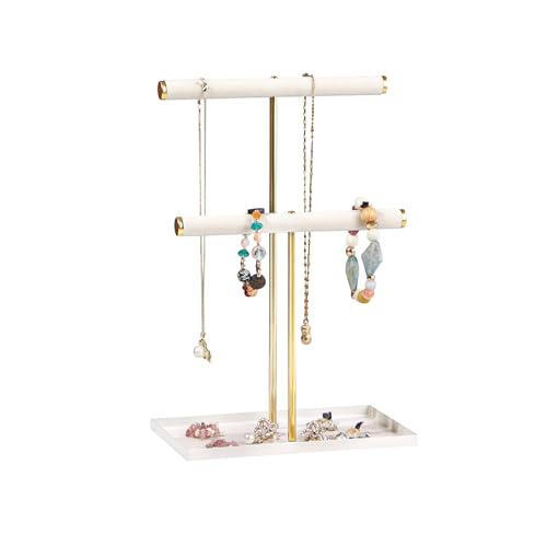 2 Tier Necklace Bracelet Holder Stand, Multi-Use Jewelry Display Organizer with Metal Tray, Velvet T-Bar Metal Necklace Organizer Stand, Jewelry Hanger Tower Rack for Men Women (Gold 12" Tall) - color: Gold