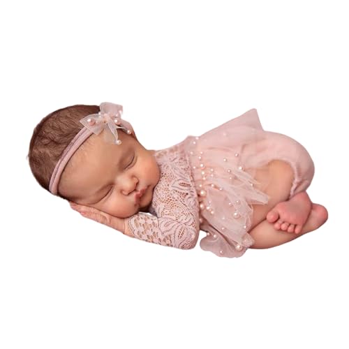 Newborn Lace Romper, 2 PCS Baby Girl Photography Props, Newborn Girl Photography Outfits with Flower Headband for Infants - color: Pink Long Sleeve