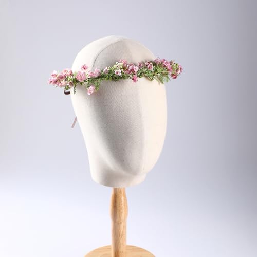 Pink Bohemian Flower Crown - Pink Babys Breath Flower Headband with Green Leaf Bohemian Floral Headpiece Hair Wreath for Women Wedding Halloween Christmas - color: Light Pink