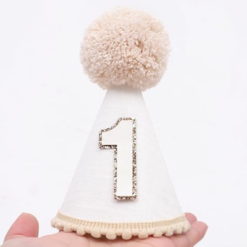 Neutral 1st Birthday Party Hat - Simple First Cone Hat, One Birthday Decoration Photo Props - color: Cream White