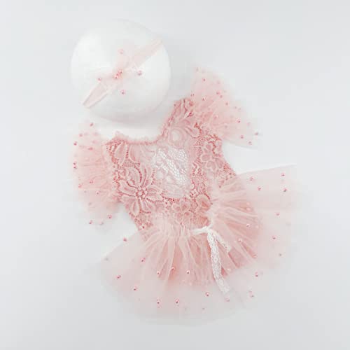 Newborn Photography Props Outfits Princess Baby Girl Pearl Lace Rompers Headdress Infant Baby Girl Photoshoot Costume - color: Pink