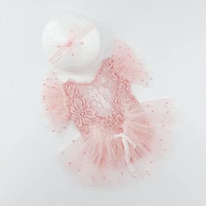 Newborn Photography Props Outfits Princess Baby Girl Pearl Lace Rompers Headdress Infant Baby Girl Photoshoot Costume - color: Pink