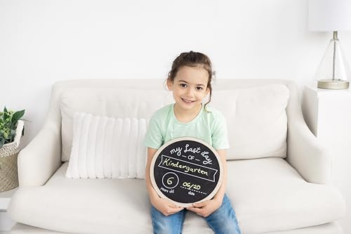 Kate & Milo Double Sided Back to School Board for Kids Girls Boys, My First and Last Day Chalkboard Sign, Preschool Kindergarten 1st Grade, Reusable Photo Prop for Pictures, Chalk Included - style: Wooden Round Chalkboard