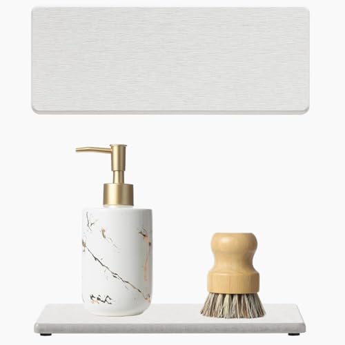 2PCS Beige Bathroom Sink Vanity Trays, Water Absorbing Diatomite Stone Drying Soap Dish Dispenser for Kitchen Counter, Sponge Holder Mat Rack Faucet Splash Guard Caddy Organizer, 9"x3.5" - color: 2 Pack - Greige, size: 9" X 3.5"