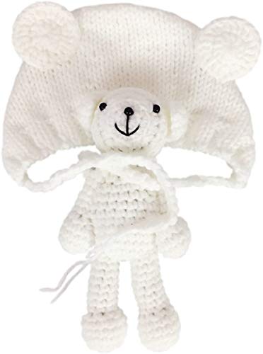 Newborn Baby Photo Shoot Props Boys Girls Crochet Knitted Hat Bear Hat Beanie with Bear Dolls Photography Props - color: White
