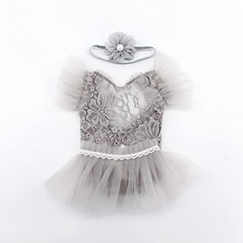 Newborn Photography Props Outfits Princess Baby Girl Pearl Lace Rompers Headdress Infant Baby Girl Photoshoot Costume - color: Gray