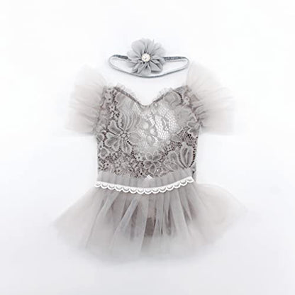 Newborn Photography Props Outfits Princess Baby Girl Pearl Lace Rompers Headdress Infant Baby Girl Photoshoot Costume - color: Gray