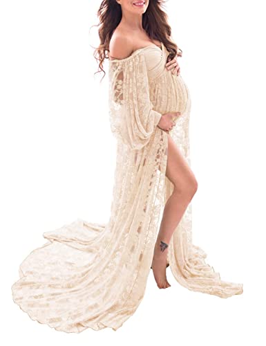 Saslax Soft Stretchy Lace Off Shoulder Doubly Split A-line Skirt Maternity Dress Pregnancy Maxi Gown for Photoshoot - color: Champagne, size: Small