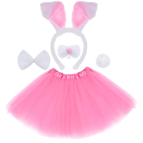 hoyuwak 5Pcs Easter Bunny Costume Set Includes Rabbit Ear Headband Nose Pink Tutu Skirt Bow Tie and Tail for Women Cosplay