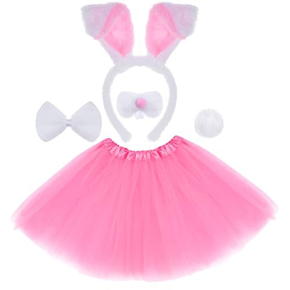hoyuwak 5Pcs Easter Bunny Costume Set Includes Rabbit Ear Headband Nose Pink Tutu Skirt Bow Tie and Tail for Women Cosplay