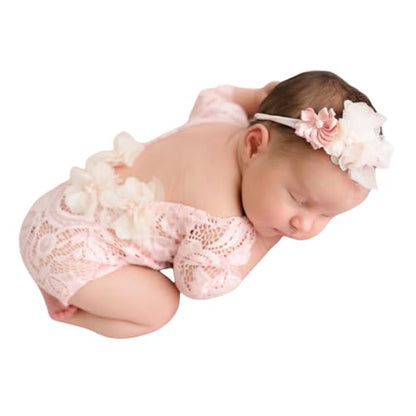 Newborn Lace Romper, 2 PCS Baby Girl Photography Props, Newborn Girl Photography Outfits with Flower Headband for Infants - color: Pink