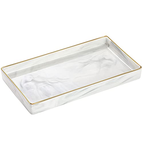 Luxspire Vanity Tray, Marble Ceramic Jewelry Dish Tray, Bathroom Tray with Golden Edged Home Décor, Countertop Organization Bathroom Holder Organizer for Candles, Perfume - Marble White - color: Marble White + Gold, style: Small