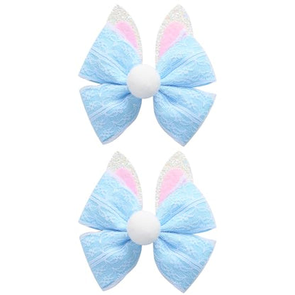 2PC Easter Bunny Ears Hair Bow Clips 4 Inch Rabbit Hair Accessories Spring Party Supplies Blue - color: Blue