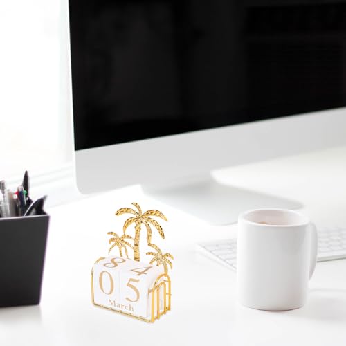 Toddmomy 1 Set Perpetual Calendar Vintage Rustic Wooden Block Calendar Month Date Display Calendar for Home Office Decor (Golden Palm Tree) - color: Gold