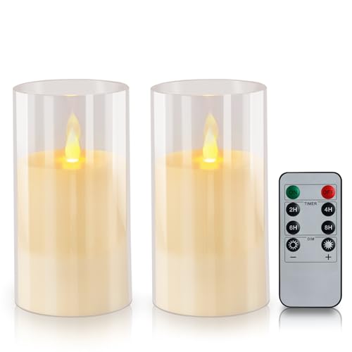 wemarry Flameless Candles Acrylic Glass Pillars 3" D x 6" H Battery Operated Flickering Candles Include 8-Key Remote with Timer Function 400+ Hours (Pure White, Warm Light 2 Pack) - color: Pure White, size: Warm Light 2 Pack