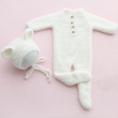 2Pcs Newborn Photography Props Boy Photo Posing Outfits Baby Photoshoots Girl Crochet Bear Hat Romper - color: White B