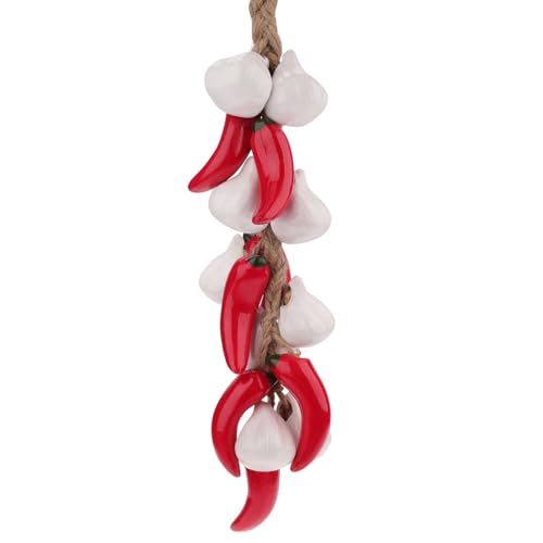 Woration Ceramics Artificial Fake Red Chili & White Garlic Mixed String Faux Pepper Hanging Vegetable Decoration Props for Garland Harvest Cabinet Home Kitchen 1Pack - color: Ceramic Chili & Garlic