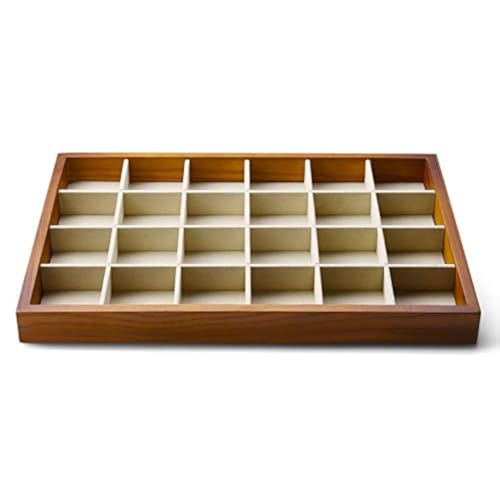 Oirlv 24 Grid Wood Jewelry Tray Microfiber Interior Jewelry Drawer Organizer Showcase Display Box Ring Earrings Holder - color: Creamy-white 24 grid tray