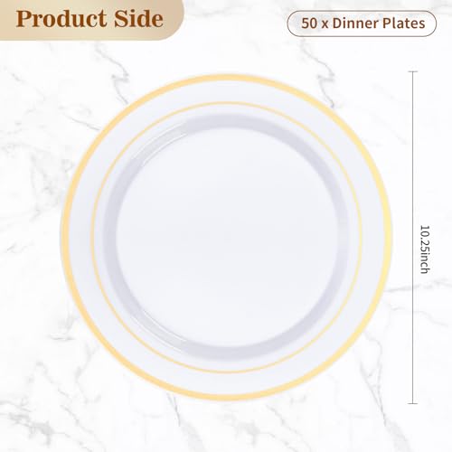 BESTVIP 50PCS Gold Plastic Plates, 10.25 Inch Disposable Dinner Plate Party with Gold Rim, Heavy Duty Disposable Plastic Plates for Christmas, Thanksgiving, Party, Wedding and Birthday - color: Gold, size: 50PC