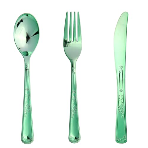 180 Pack Disposable Green Plastic Silverware Contain 60 Forks,60 Spoons,60 Knives, Solid and Durable Plastic Cutlery Utensils Set Perfect for Parties,weddings. - color: Green