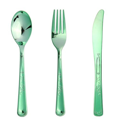 180 Pack Disposable Green Plastic Silverware Contain 60 Forks,60 Spoons,60 Knives, Solid and Durable Plastic Cutlery Utensils Set Perfect for Parties,weddings. - color: Green
